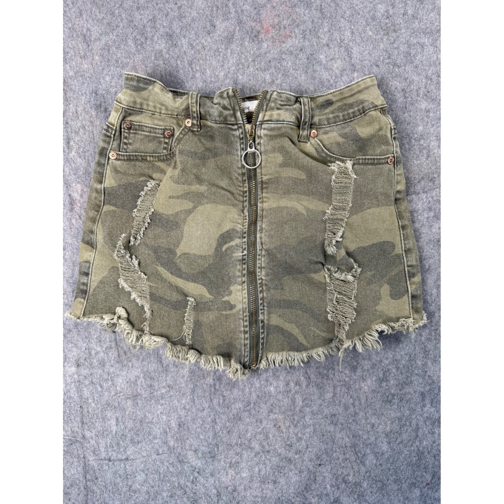 Dance & Marvel Mini Skirt Womens Sm Green Camo Denim Distressed Grunge Y2K Boho